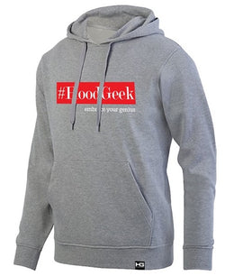 #HoodGeek embrace your genius Long Sleeve Hooded Sweatshirt Charcoal Heather, Red & White